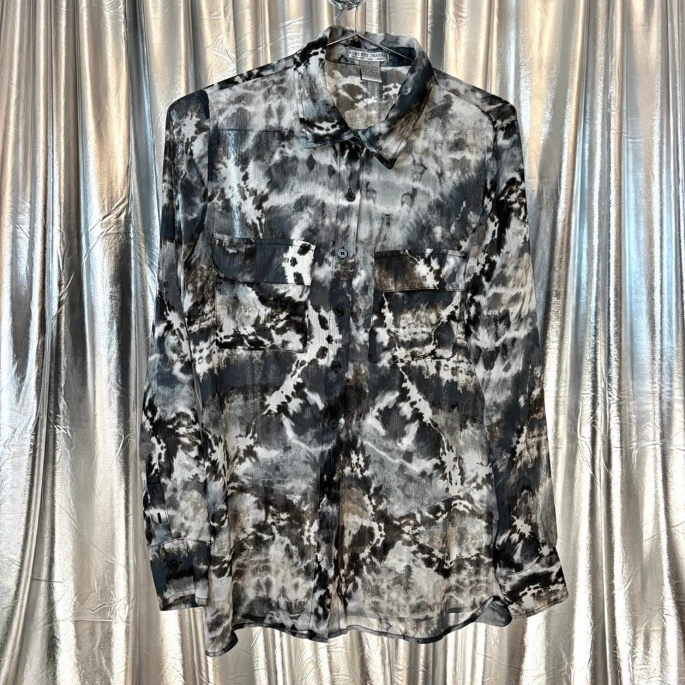 Alberto Makali Sheer Black Grey Abstract Print Button Up Blouse
